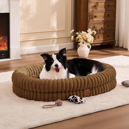 ChiXnuggle XL Dog Bed - Luxury Striped Faux Fur Waterproof Pet Couch with Removable Washable Cover, Orthopedic Dog Bed with Bolster Sides for Sleeping, Brown