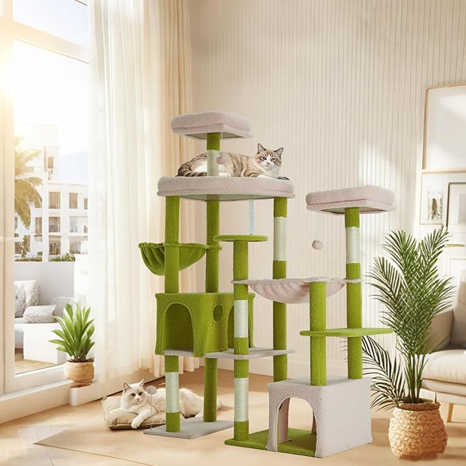 Indoor Cat Tree for Large Cats, 64.5 Inch Multi-Cat Cat Tree, Includes 3 Perches, 2 Cat Beds, 2 Hanging Baskets, Ideal for Multiple Cats to Play (Green + Pink)