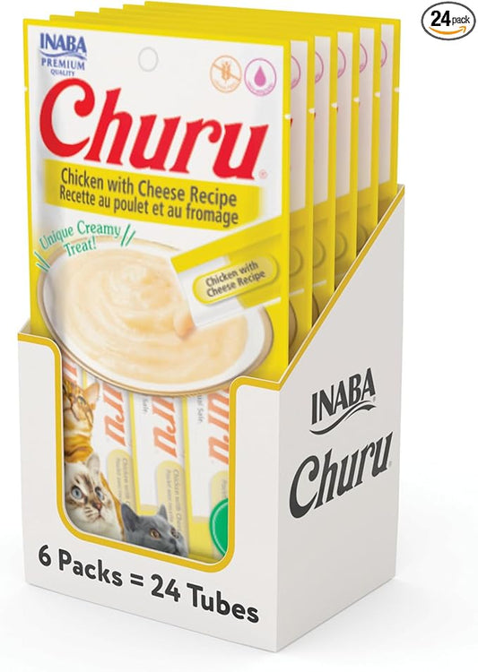 INABA Churu Cat Treats, Lickable, Squeezable Creamy Purée Cat Treat with Green Tea Extract & Taurine, 0.5 Ounces Each Tube, 24 Tubes (4 per Pack), Chicken with Cheese Recipe