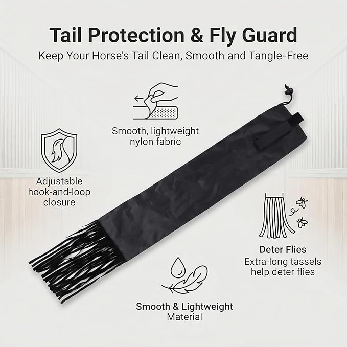 Horse Tail Bag with Fringe, Adjustable Nylon Horse Tail Protector with Fastener, Lightweight Water-Repellent Tail Bag for Braided Tail Protection, Grooming, Stable & Horse Show Use, Black
