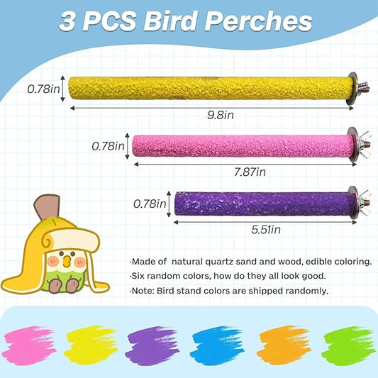 PINVNBY PIVBY Bird Perches for Cage Colorful Parrot Stand Toy Platform Paw Grinding Stick for Small Medium-Sized Bird Parakeet Cockatiel Conure Budgies Lovebird Canary Colors Vary Pack of 3