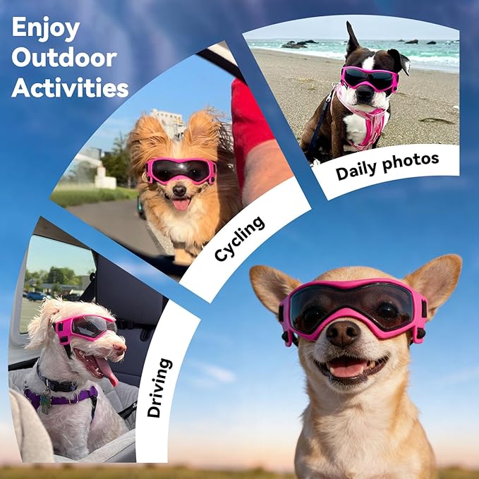 Dog Goggles Dog Sunglasses for Medium Breed UV Protection Windproof with Adjustable Head Straps Chin Straps for Ride Car/Hiking Travel/On Beach-Pink