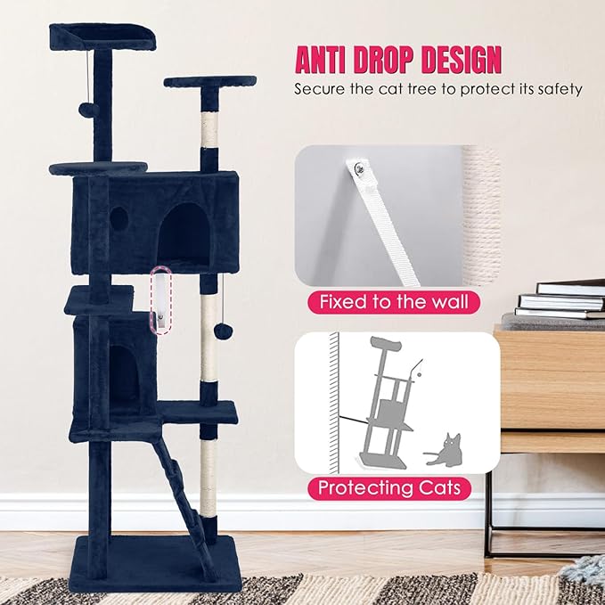 PayLessHere 70in Multi-Level Cat Tower with Scratching Post, Cat Condo Stand House Furniture Kitty Activity Center, Navy Blue