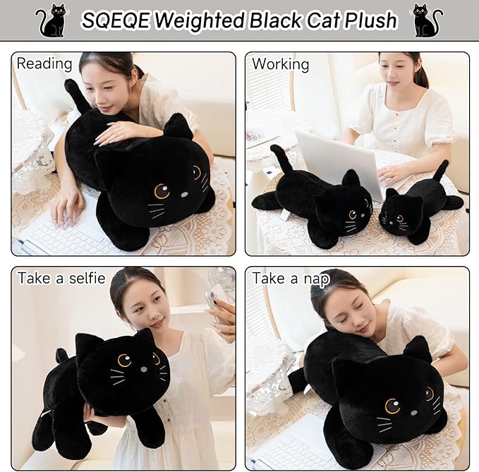 SQEQE Weighted Stuffed Animals Black Cat, Weighted Black Cat Plush, Plushies for Cozy Comfort, Soft Black Cat Pillow Toy for Kids Adults, Christmas & Valentines Gift 23.6 Inch 3.8 Lbs