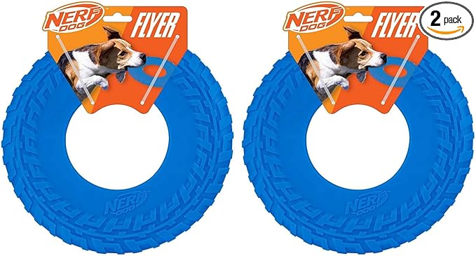Nerf Dog Tire Flyer Outdoor Dog Toy, 10 Inch Flying Disc Dog Fetch Toy, Rubber Dog Toy for Medium Dogs and Large Dogs, Blue (Pack of 2)