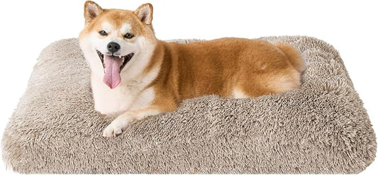 EHEYCIGA Fluffy Dog Crate Bed for Large Dogs, Plush Faux Fur Crate Pad, Calming Anti Anxiety Large Dog Bed, Washable Soft Warm Mat with Non-Slip Bottom, Taupe