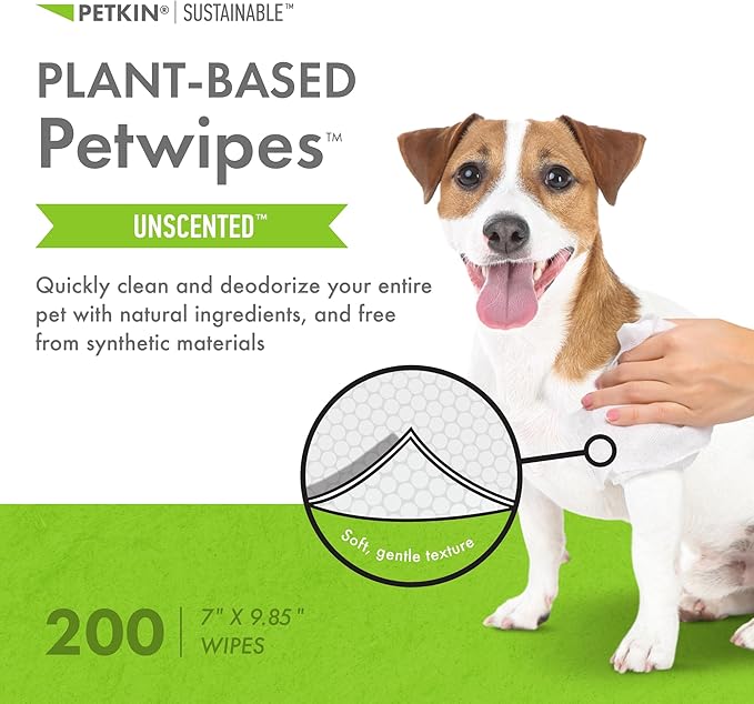 Petkin Plant-Based PetWipes, 200 Wipes - Biobased, Sustainable, Big & Thick Pet Wipes for Dogs & Cats - for Face, Paws, Ears, Body & Eye Area - Consciously Cleans & Conditions - Unscented