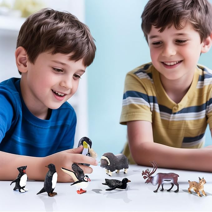 SIENON 60Pcs Arctic Animal Toy Set, Mini Winter Animal Figures with Polar Bear, Penguin, Caribou, Puffin, Lynx, Igloo, Pine Trees, Fake Ice Rocks for School Project Christmas Birthday Cake Decorations