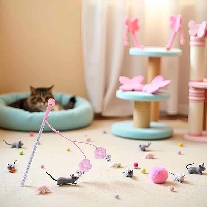 Cat Feather Stick Wand Toy,Cat Toys Teaser Wand with Feather Refills with Bell for Indoor Cats, Cat Toy Wand for Indoor and Kitten(Pink)