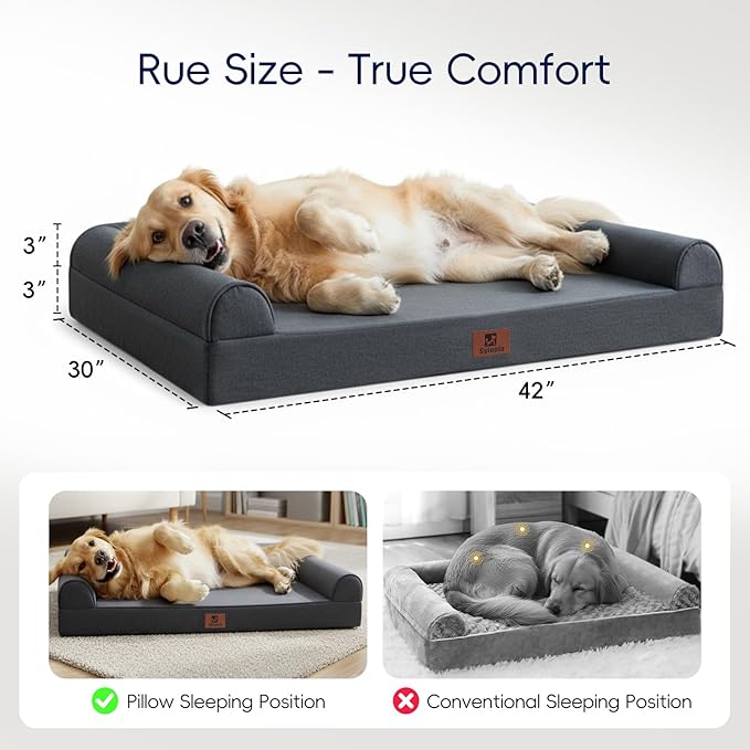 Sytopia 42 Inch Indestructible Orthopedic Sofa Dog Bed for Extra Large Dogs, Chew Proof Waterproof Foam Pet Couch Bed with Sides, Egg Crate Foam, Removable Washable Cover, Dark Grey