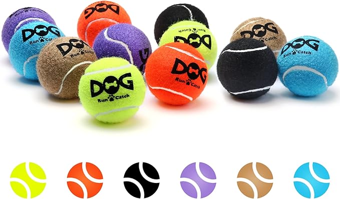 INSUM Squeaky Tennis Balls for Dogs - 12 Pack 2.5'' Durable Non-Toxic Outdoor Dog Toys Balls with Mesh Bag, SGS Certified, Colorful Fetch Toys, Medium Large Breeds