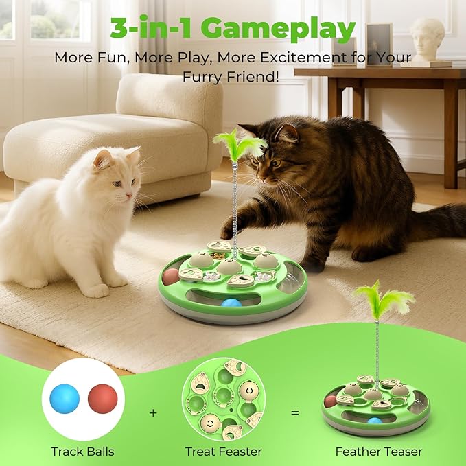 Cat Puzzle Toys Games Level 3 in 1 with Track Balls, Feather Teaser & Treat Feeder | Non-Slip Base | Mental Stimulation Enrichment for Indoor Cat, Dogs | Kitty Gift, Green