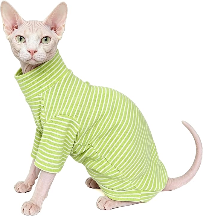 Sphynx Cat Clothes for Cats Only, Narrow Striped Sphynx Shirt Clothes T-Shirts Sweatshirt with Sleeves, Soft Kitten Sphinx Clothes Pet Apparel Devon Rex,Cornish Rex,Peterbald,Green,M