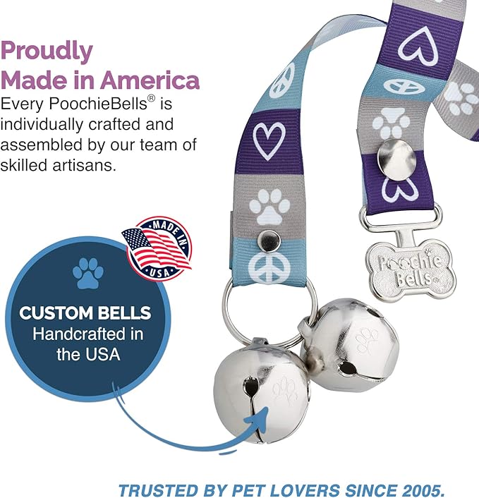 PoochieBells Handcrafted Dog Doorbell for Potty Training – Easy & Quick, Doggie-Safe USA-Made Dog Door Bell with Perfect Sound, Dog Trainer-Recommended for Over 20 Years, Peace Love Dog