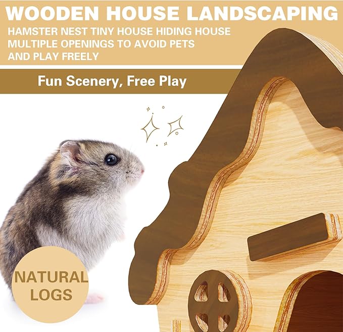 Wooden Hamster Platform and Dwarf Hamster House,Cute Syrian Hamster Tiny House Hideout,Large Balcony Lookout Holes,for Dwarf Gerbils and Mouse Mice Rat Other Small Animals(G)