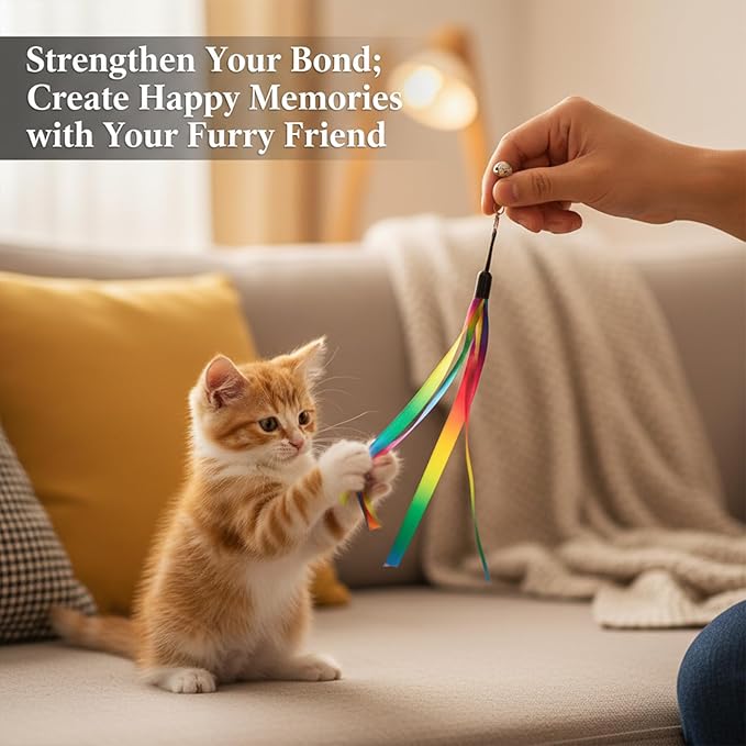 5Pcs Cat Ribbon Toy Cat Wands Replacement Toys Ribbon Attachment for Cats Toy Teaser Wand Replacement Toys with Bell for Most Cats Kittens Small Pets