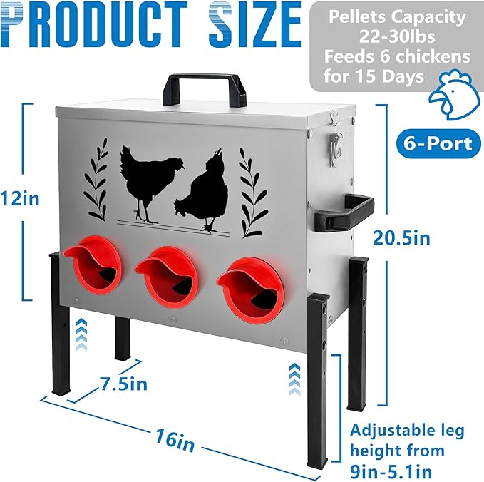 No Waste Automatic Chicken Feeder (30 LB), Rodent Resistant Metal Poultry Feeder with Locking Lid, Adjustable Stand & 8 Ports, Heavy Duty Weatherproof Feed Box for Hens, Ducks