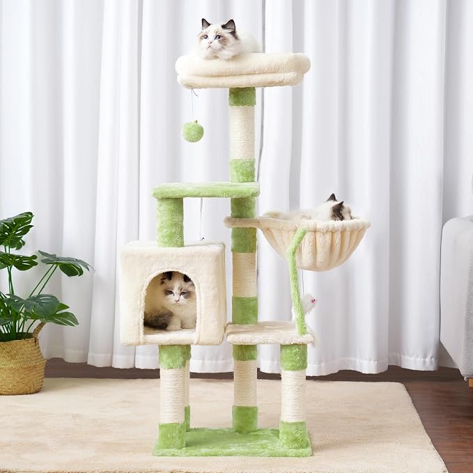 Heybly Cat Tree with Toy, 43.3 inch Cat Tower condo for Indoor Cats, Cat House with Padded Plush Perch, Cozy Hammock and Sisal Scratching Posts, Green and Beige HCT004SGM