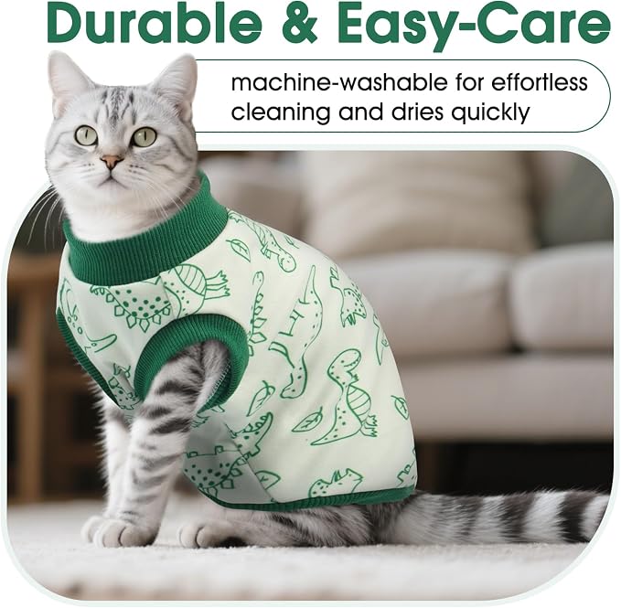 DENTRUN Sleeveless Cat Vest, Dinosaur Print & Ultra-Soft Dralon Fleece | Breathable, ultra-soft Dralon fleece, dinosaur print, sleeveless for freedom, all-season indoor/outdoor wear, XS-XXL sizes