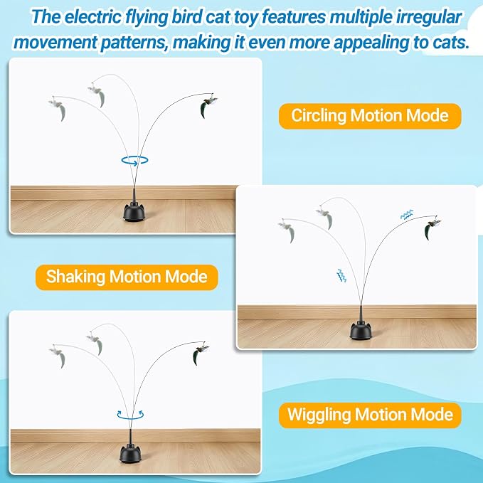 Interactive Cat Toys for Indoor Cats Toy Wand 360° Flying Bird Cat Toy | 2 Speed Adjustable Flying Bird Cat Toy Automatic Cats Toys with Self ON/OFF Feather Toy Suction Cup Electric Cat Teaser Wand