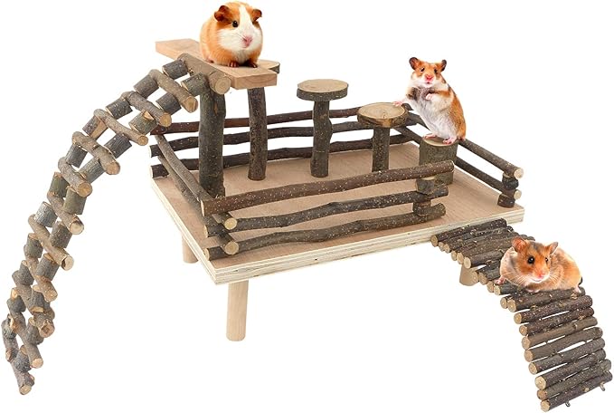 Hamster Climbing Toys - Wooden Activity Set with Large Bridge, Apple Wood Chewing Toys for Small Pets