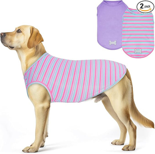 KYEESE 2Pack Dog Shirt, Soft Striped Dogs T Shirts, Lightweight Pet Tank Top, Sleeveless Dog Shirt for Medium Dogs, Stretchy Comfortable Pet Vest, Purple+Blue Striped, 2XL