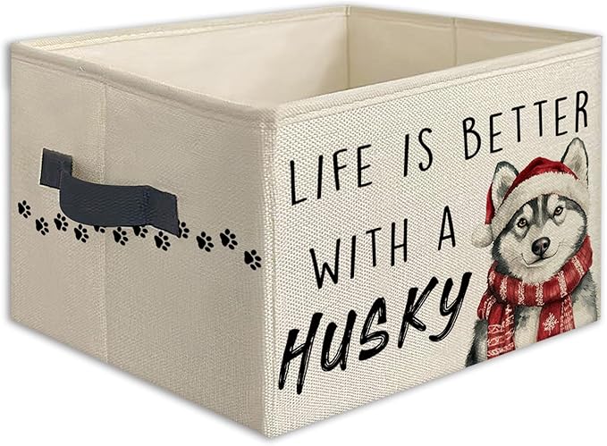 Christmas Husky Foldable Storage Bins Box with Handles, Gifts for Husky Lovers, Dog Mom Dad Lovers Gifts Collapsible Toys Books Clothes Organizer Basket for Bedroom Bathroom