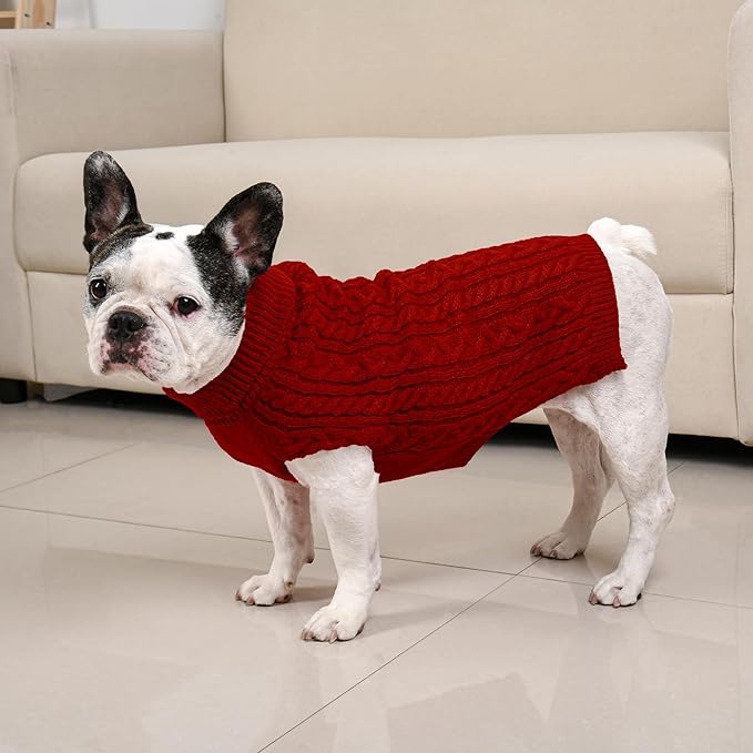 Dog Sweater 2 Pack for Medium Dogs, Size L, Pink & Red | Stretchy cable knit turtleneck, machine washable, high belly cut, comfy winter fit for French Bulldog, Corgi