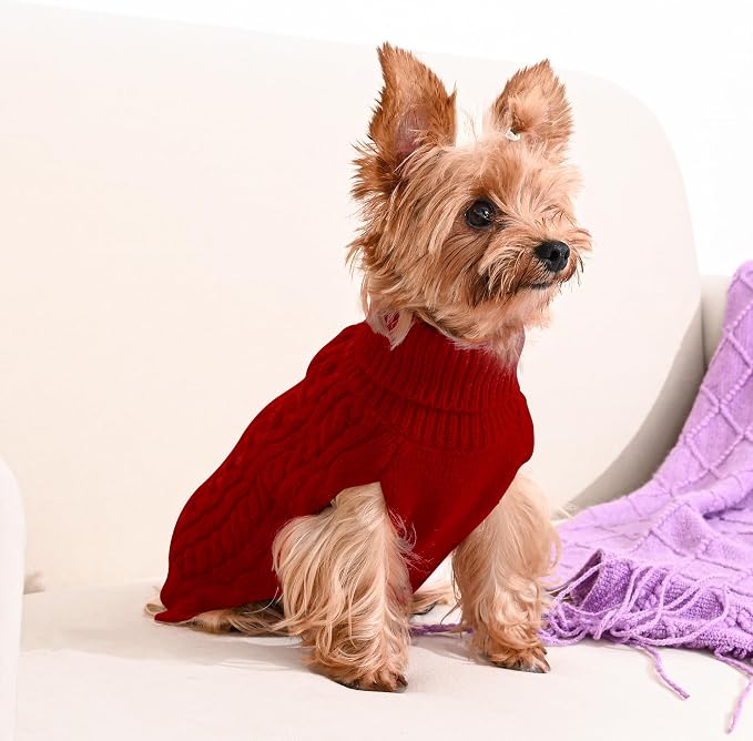 Dog Sweater 2 Pack for Small Dogs, Size XS, Red & Brown | Stretchy cable knit turtleneck, machine washable, high belly cut, comfy winter fit for Chihuahua, Yorkie