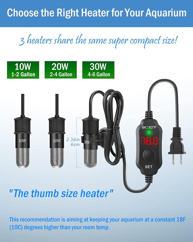 AquaMiracle Mini Aquarium Heater 10W Small Fish Tank Heater for 1-2 Gal Tanks, Digital Display Thermostat Betta Heater with Dry-Run & Overheat Protection, Memory Function