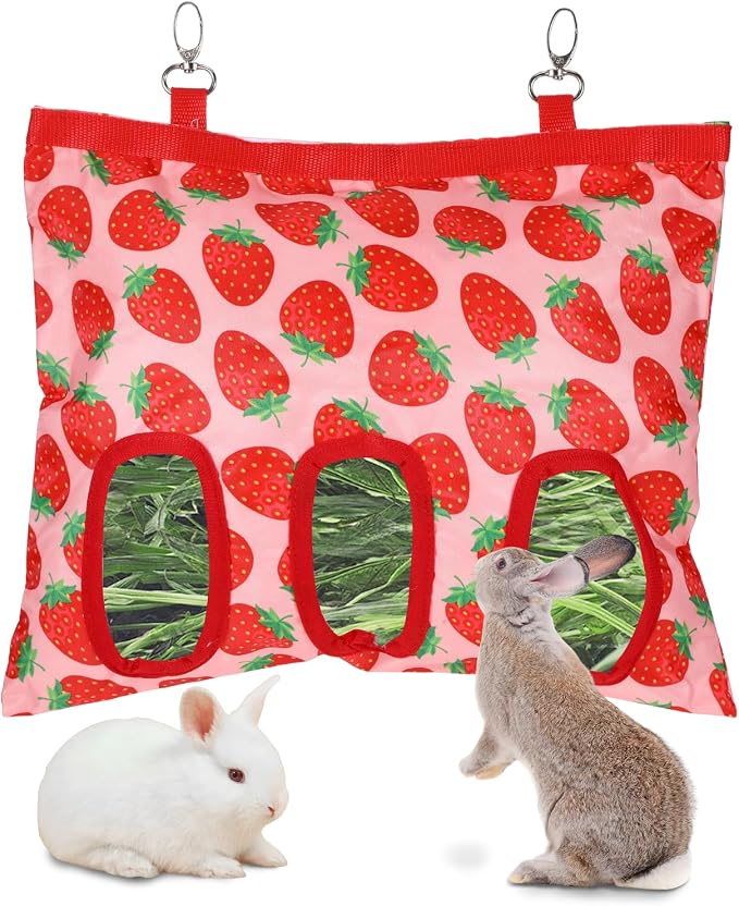 Rabbit Hay Feeder, 3 Hole Hanging Hay Bag for Rabbits Guinea Pig Bunny Chinchillas Washable Rabbit Hay Holder 13x10.8inch