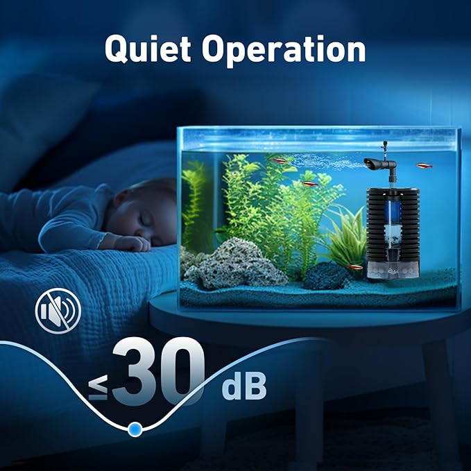 AQQA Aquarium Sponge Filter for Fish Tanks Ultra Quiet DC 5V Multi-Stage Biological Filtration with Fluidized Bed, Safe Low Voltage Fish Filter for Up to 66 Gal Tank (4W 92GPH)