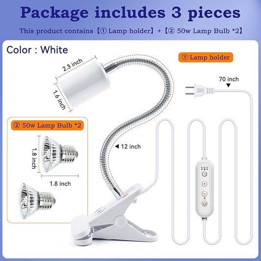 Timed Heat Lamp with Dual 50W UVB UVA Bulbs for Reptiles, Turtles, Tortoises, and Puppies: Adjustable Heat Switch, 360° Adjustable Angle, Strong Clips, Ideal for Aquarium Tanks and Basking