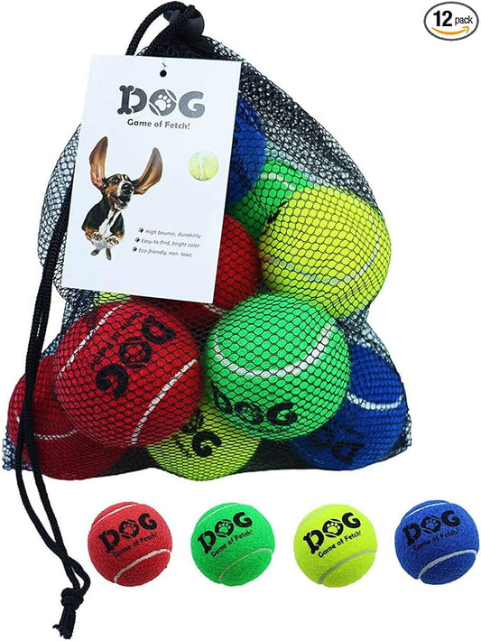 AMA SPORT Tennis Balls for Dogs 12 Pack 2.5" Multi Colors Dog Tennis Balls for Puppy Small Medium Dog Toys, Designed for Dogs Floating Water-Hunting Fetch Fun Playing Daily Exercise Mid-air Catching