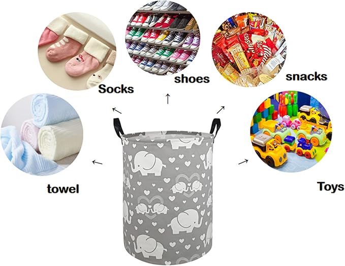 Kids Laundry Hamper Storage Basket Laundry Organizer Hamper Storage Bins Clothes Box Nursery Hamper Gift Basket with Handles (Love elephant)