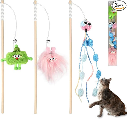 Elastic Plush Cat Wand Toy Funny Interactive Cat Fishing Pole Toy with Bell Soft Natural Wood Kitten String Toys for Indoor Cats Kittens Bored Cats (3 Pack)