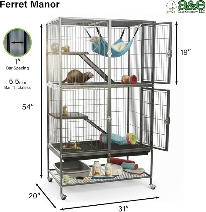 A&E Cage Co AE7004 Ferret Manor Cage – Two Story Ferret Habitat 31"x20"x54" with Platforms, Ramps & Hammock – Rolling Ferret Cage with Storage Shelf & Double Locking Doors
