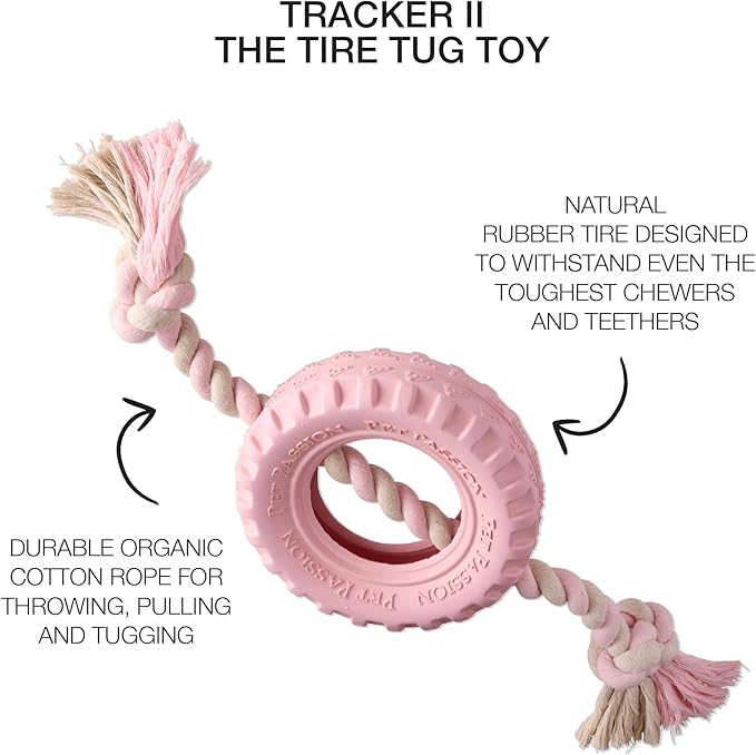 Pet Passion Natural Rubber Tire and Organic Cotton Rope Pull and Chew Dog Toy for All Pet Breeds, Blush, Medium