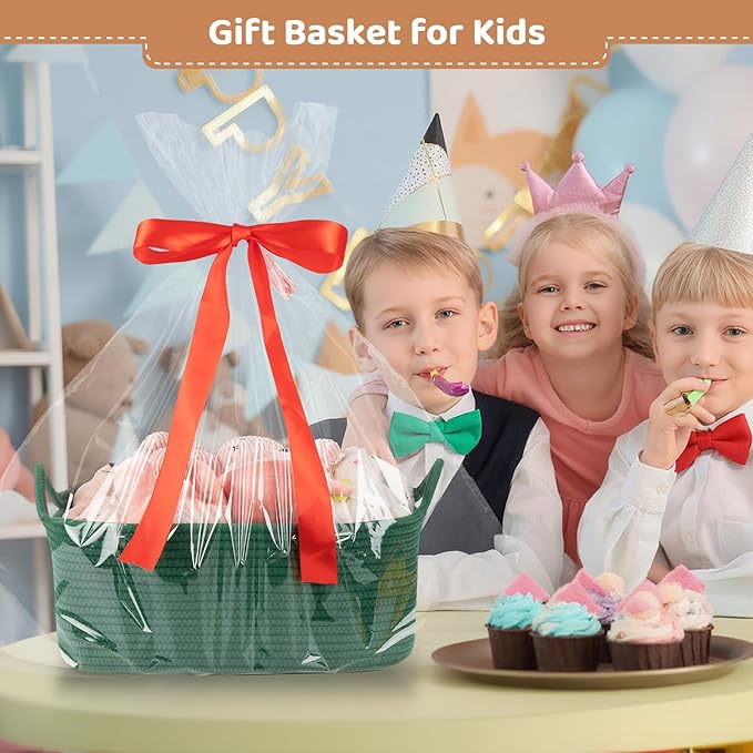 OIASKET Large Empty Gift Baskets for Baby Shower, 16.5" L x 12.6" W x 7" H Cute Woven Storage Basket with Gift Bags and Ribbons, Small Rope Toy Basket with Handles, Cat Dog Pet Toy Organizer - Green
