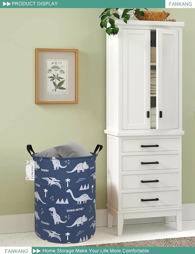 Storage Basket, Nursery Hamper Canvas Laundry Basket Foldable with Waterproof PE Coating Large Storage Baskets for Kids Boys and Girls, Office, Bedroom, Clothes,Toys(Blue dinosaur)