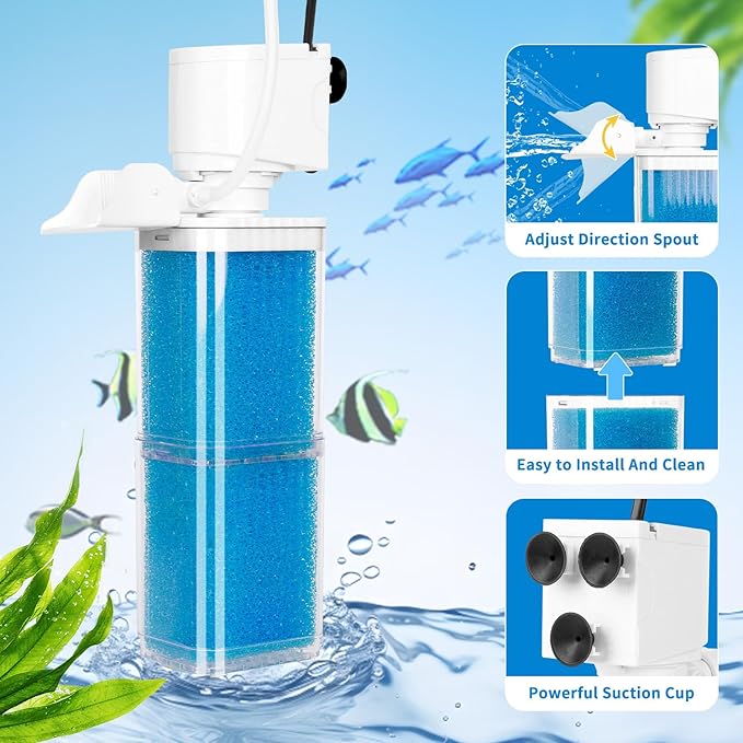 4-in-1 Aquarium Filter, 2 Stage Filtration Fish Tank Filters, Ultra Quiet Submersible Fish Filter with Adjustable Oxygenation Wavemaker, Water Circulation for 20-80 Gal Fresh/Salt Tank
