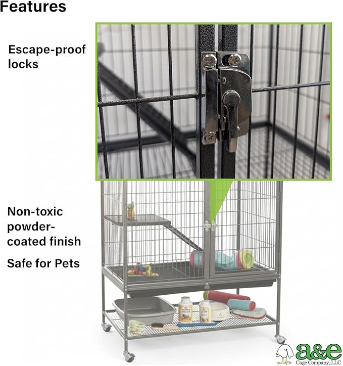 A&E Cage Co AE7004 Ferret Manor Cage – Two Story Ferret Habitat 31"x20"x54" with Platforms, Ramps & Hammock – Rolling Ferret Cage with Storage Shelf & Double Locking Doors