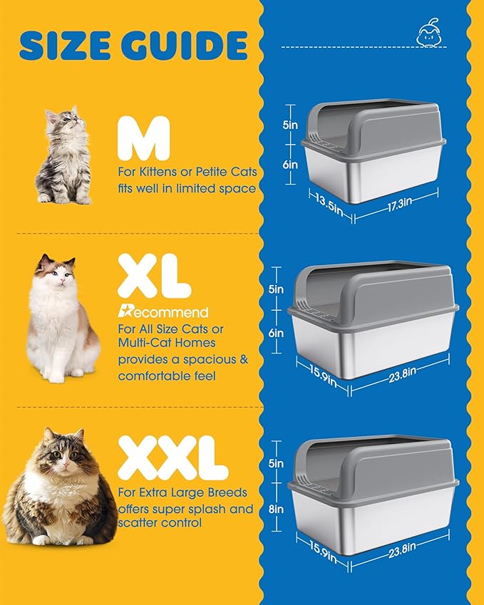 Powools Stainless Steel Cat Litter Box, Metal Litter Box with Scoop, High- Sided, Anti-Leakage Top Entry, Non-Sticky, Easy to Clean, Grey, M (2 Pack)