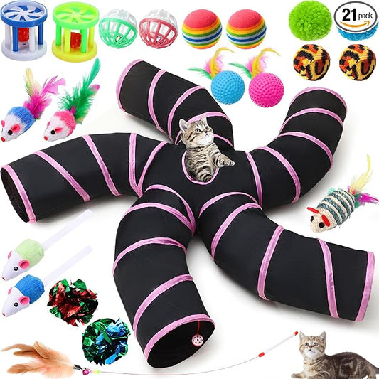 Poen 21 Pcs Cat Tunnel for Indoor Set Collapsible 5 Way Tubes with 20 Pcs Cat Kitten Toys Interactive Feather Toy Mouse Crinkle Balls Tube for Puppy Kitten Rabbit(Pink Black)