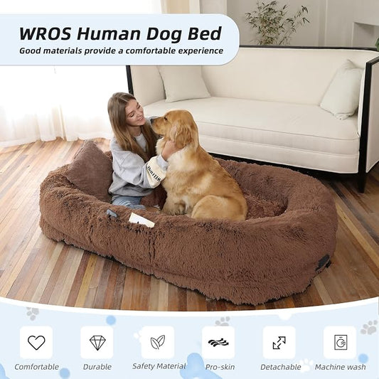 WROS Human Dog Bed, 71"x45"x12" Size Fits You and Pets, Washable Faux Fur Pet Bed for People Doze Off, Napping Orthopedic Dog Bed, Present Plump Pillow, Blanket, Strap - Coffee