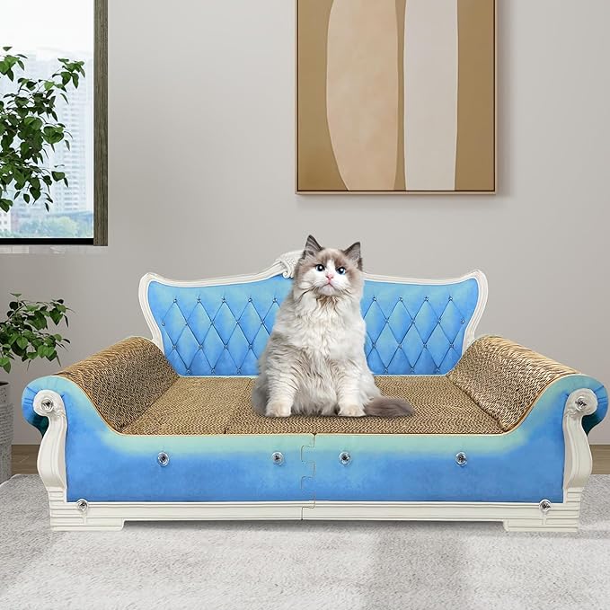 Luxury Cardboard Cat Scratcher Sofa Bed, Couch Shaped Scratching Board, Scratch Lounge with Catnip, Cat Scratcher for Indoor Cats Large Blue 25.4" L