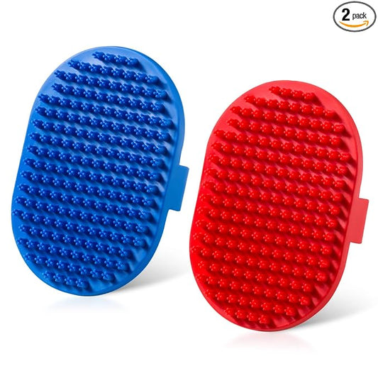 Lilpep Dog Bath Brush, Rubber Pet Shampoo Brush with Silicone Bristles for Massaging Grooming, Removing Short Haired Dogs Cats Shedding, Tangles and Dead Undercoat 2pcs (Blue+Red, plum brush)