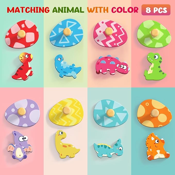 Zeoddler Wooden Puzzles for Toddlers, 8 Pcs Dinosaur Matching Egg Puzzle, Montessori Toys for Boy Girl Easter Birthday Gifts, Preschool Learning Activities & Educational Toys for Boys, Girls