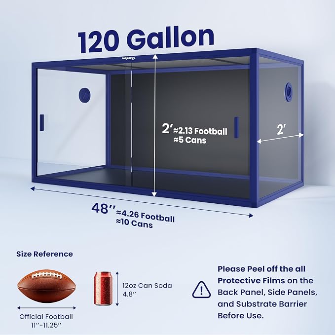 Phailozoo 120 Gallon Bearded Dragon Tank,Stackable Reptile Enclosure with Front Sliding Tempered Glass Doors,Easy Assembly Aluminum Frames Reptile Tank for Snake & Lizard