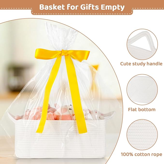 OIASKET Large Empty Gift Baskets for Baby Shower, 16.5" L x 12.6" W x 7" H Cute Woven Storage Basket with Gift Bags and Ribbons, Small Rope Toy Basket with Handles, Cat Dog Pet Toy Organizer - White